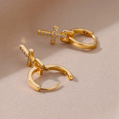 Gold Cross Zircon Earrings
