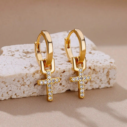 Gold Cross Zircon Earrings