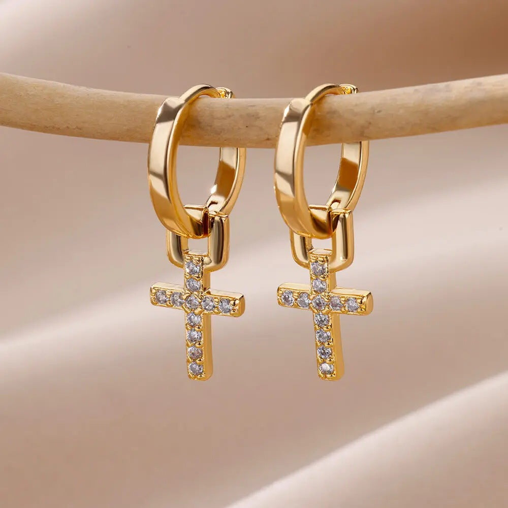 Gold Cross Zircon Earrings
