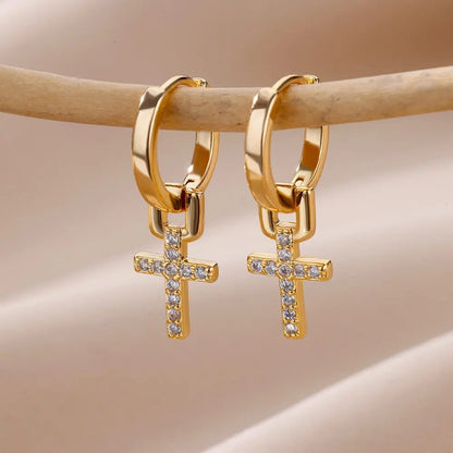 Gold Cross Zircon Earrings